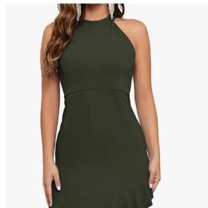 SWIWOEL  Women Halter Neck Ruffle Split Cocktail Formal Long Sleeveless Dress